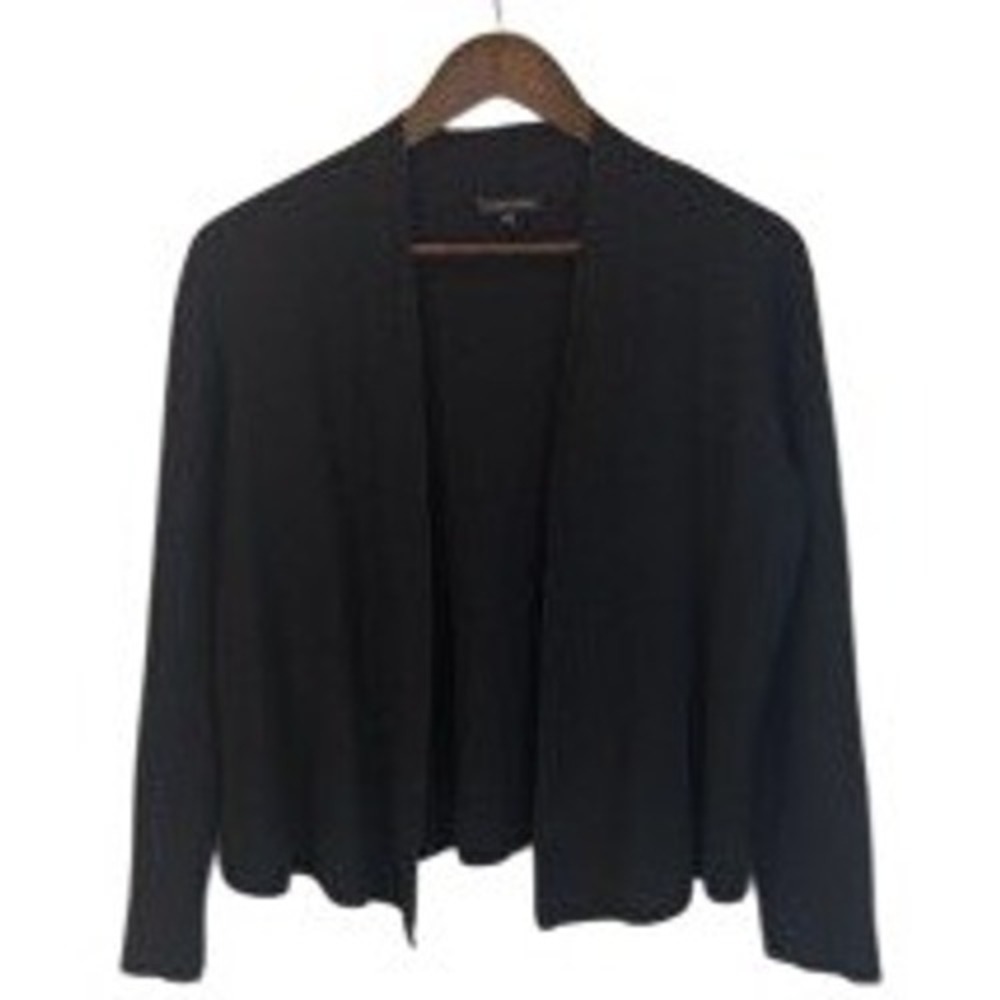 Eileen Fisher Black 100% Wool Open Front Cardigan 3/4 Sleeve size Large